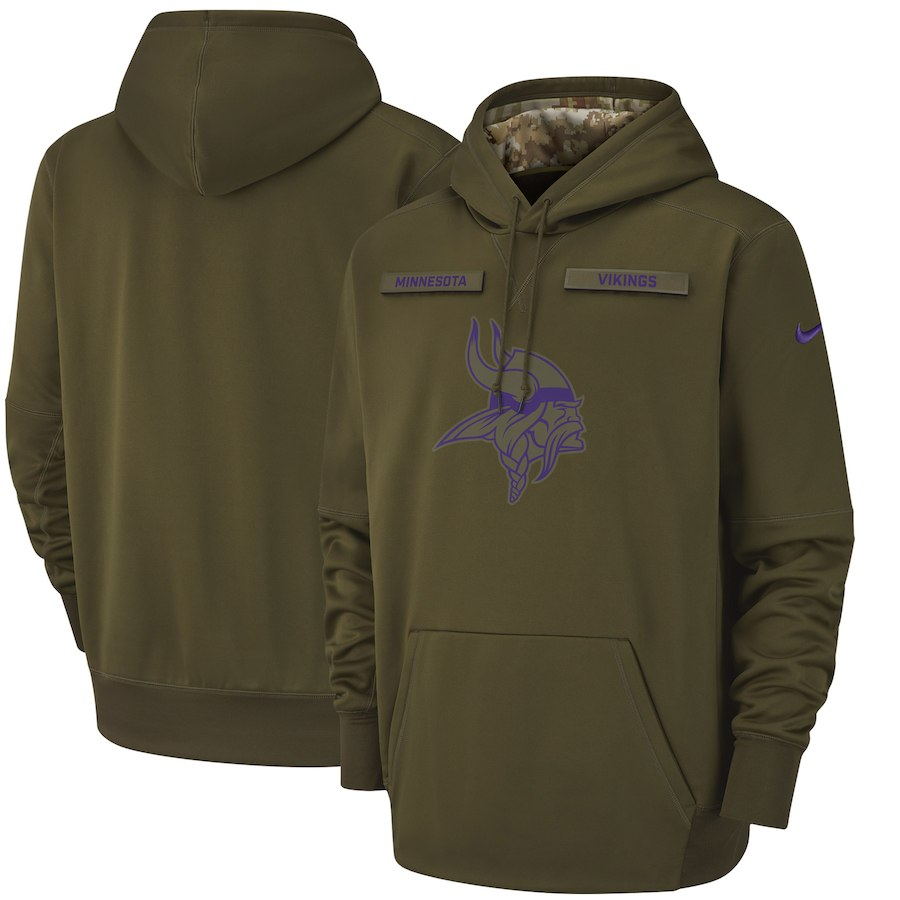 Men's Minnesota Vikings Olive Salute to Service Sideline Therma Performance Pullover 2018 NFL Hoodie